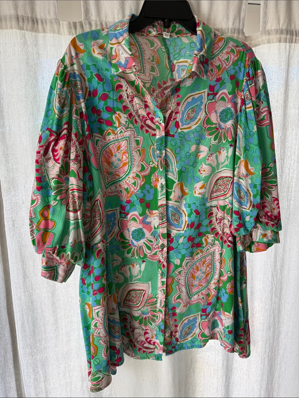 Umgee Green Paisley Button Down Shirt with Pink and Blue Accents